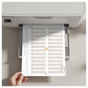 May include: A sheet with German text, including "DAS BABY - ABC ZU JEDEM BUCHSTABEN EIN NAME F&Uuml;R EINEN KLEINEN HERZENSMENSCHEN", is being printed from a white printer. The sheet has a beige background with floral and butterfly accents and lettered boxes.