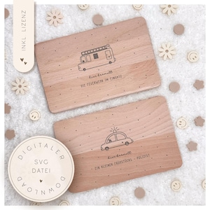 May include: Two light-coloured wooden cutting boards with black line drawings of a fire engine and police car. The fire engine board has the text "hier kramett DIE FEUERWEHR IM EINSATZ". The police car board has the text "hier kramett EIN KLEINER FRÜNSTÜCKS - POLIZIST".