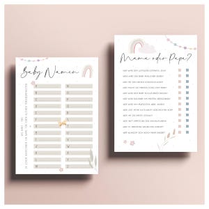 May include: Two baby shower game printables. One is for baby names, the other asks questions about the parents. Both have a pastel rainbow and floral design. The text on the printables is in German. The background is a soft pink.