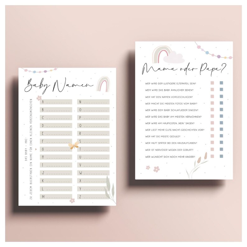 May include: Two baby shower game printables. One is for baby names, the other asks questions about the parents. Both have a pastel rainbow and floral design. The text on the printables is in German. The background is a soft pink.