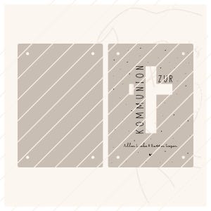 Puede incluir: Dise&ntilde;o de dos paneles con fondo marr&oacute;n claro y rayas diagonales blancas. El panel derecho presenta una cruz blanca y las palabras "ZUR KOMMUNION" en negro. Tambi&eacute;n est&aacute; presente el texto "Alles Liebe & Gott en Segen".
