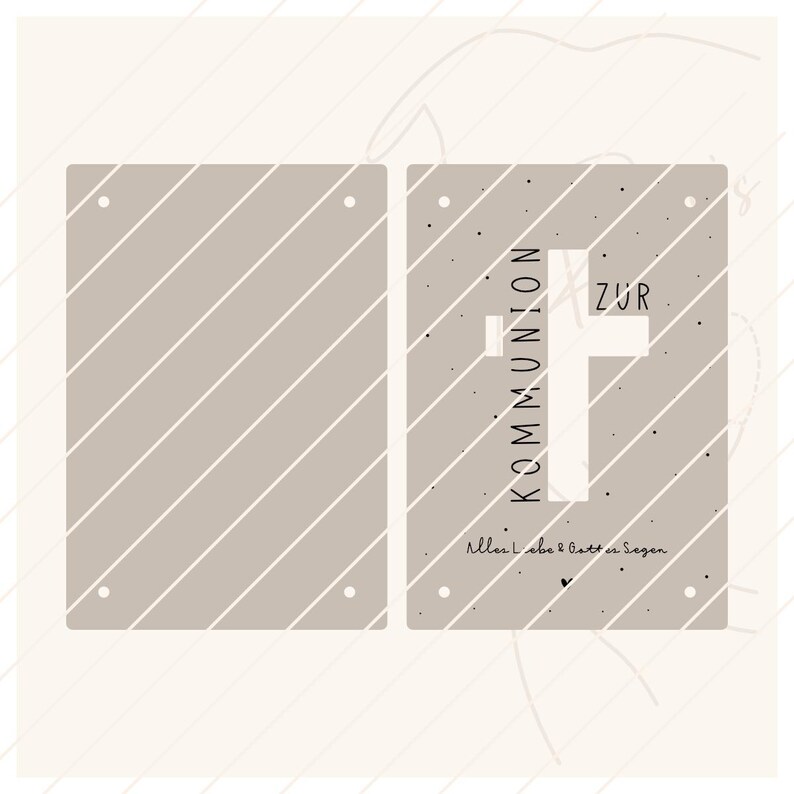 Puede incluir: Dise&ntilde;o de dos paneles con fondo marr&oacute;n claro y rayas diagonales blancas. El panel derecho presenta una cruz blanca y las palabras "ZUR KOMMUNION" en negro. Tambi&eacute;n est&aacute; presente el texto "Alles Liebe & Gott en Segen".