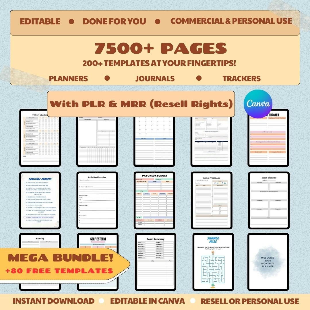 200 Editable Canva Template MEGA Bundle 7500 Pages Journals, Planners ...