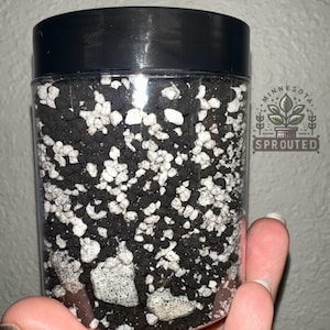 May include: A clear plastic jar filled with a mixture of black and white small rocks. The jar has a black lid and a label that says "Minnesota Sprouted".