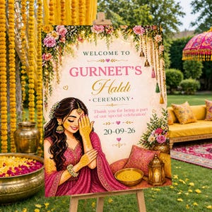 May include: A decorative sign on an easel, announcing "Welcome to GURNEET'S Haldi Ceremony." The sign features a floral border and an illustration of a woman. The date 20-09-26 is also displayed. The background includes outdoor decor.