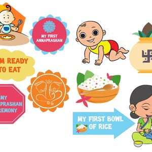 Puede incluir: Un conjunto de accesorios de cabina de fotos imprimibles coloridos para la primera ceremonia del arroz de un bebé indio, o Annaprashan. Los accesorios incluyen un bebé en una trona, un bebé gateando, un tazón de arroz, una olla con un símbolo swastika, y letreros que dicen "Estoy listo para comer", "Mi primer Annaprashan", y "Mi primer tazón de arroz".