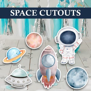 Recortes de decoración con temática del espacio exterior / Recortes de cumpleaños de astronautas / Decoración de fiesta temática del primer viaje alrededor del sol o accesorios de stand up