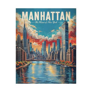 Manhattan Travel Poster - Vintage NYC Wall Art - Retro Manhattan Skyline Printable - New York City Digital Download - Urban Decor