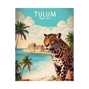Póster de viaje a Tulum - Arte mural vintage de México - Imprimible retro bohemio playero - Descarga digital de la Riviera Maya - Decoración costera