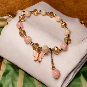 Bufferfly Beaded Bracelet | Charm Bracelet | Handmade Bracelet | Gift for her | Pink crystal Bracelet | Purse Crystal | Gold Charm | Pink