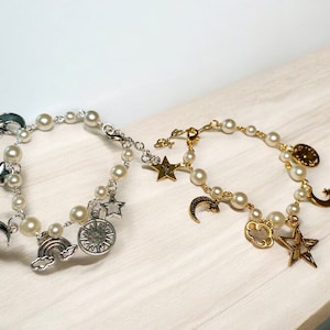 Moon & Star charm bracelet | Handmade Jewelry | beaded bracelet | Pearl Bracelet | Fresh Water Pearl | Dangle Bracelet | Costome Jewelry