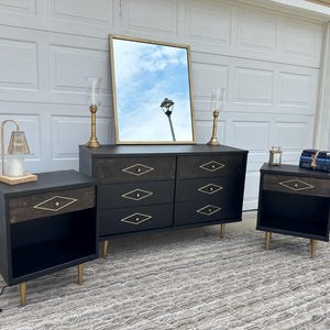 SOLD* MCM Black Bedroom Set - Dresser and Two Nightstands