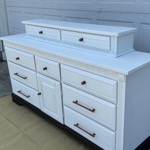 Swiss White Coffee dresser, bonus jewelry drawers included. Antique brass Hardware