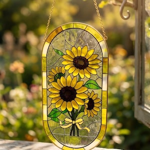 May include: An oval stained glass suncatcher featuring three yellow sunflowers with dark brown centers and green leaves. The design is framed in a yellow border and includes a small yellow ribbon tied at the base of the stems. It hangs from a gold chain.