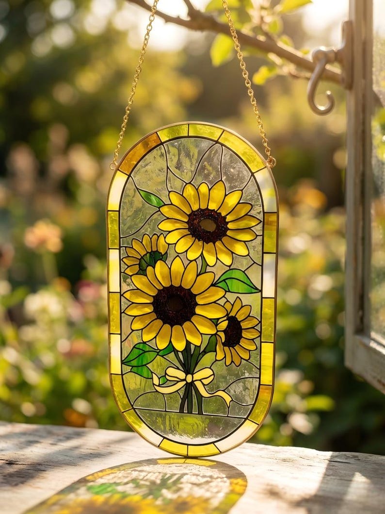 May include: An oval stained glass suncatcher featuring three yellow sunflowers with dark brown centers and green leaves. The design is framed in a yellow border and includes a small yellow ribbon tied at the base of the stems. It hangs from a gold chain.