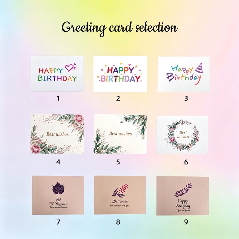 May include: A collection of nine greeting cards labeled 1 through 9, featuring various designs including colorful Happy Birthday text, floral wreaths with Best Wishes, and botanical illustrations with phrases like Full Of Happiness and Happy Everyday.