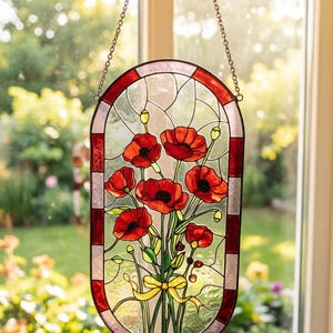 Stained Glass Poppy Suncatcher, Vibrant Floral Window Hanging, Housewarming Gift for New Home, Poppy Flower Decor image 5