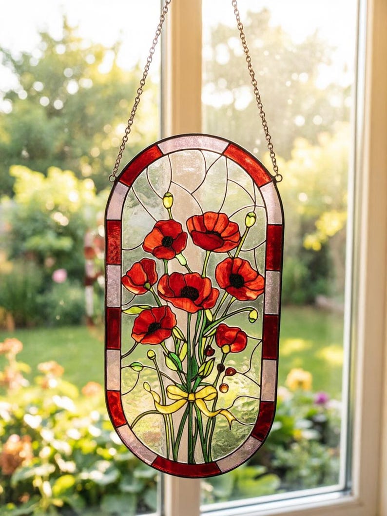 Stained Glass Poppy Suncatcher, Vibrant Floral Window Hanging, Housewarming Gift for New Home, Poppy Flower Decor image 5