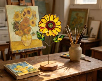 Stained Glass Flower Suncatcher, Van Gogh Sunflower, Vibrant Window Decor, Custom Birth Flower Bouquet, Unique Housewarming Gift