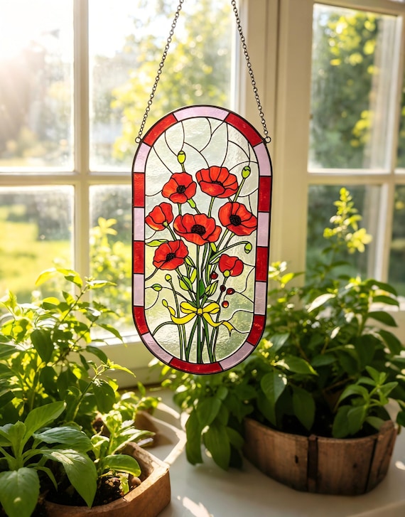 Stained Glass Poppy Suncatcher, Vibrant Floral Window Hanging, Housewarming Gift for New Home, Poppy Flower Decor
