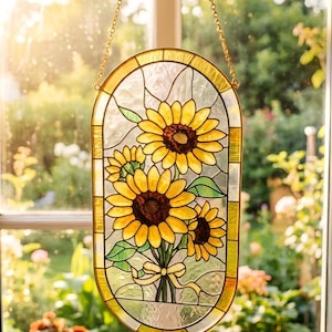 May include: Stained glass window panel featuring a bouquet of sunflowers. The sunflowers have yellow petals and brown centers, with green leaves and a yellow ribbon. The panel is framed in a gold-colored metal and hangs from a gold chain.