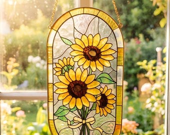 Stained Glass Sunflower Suncatcher, Vibrant Bouquet Window Hanging, Real Glass Art