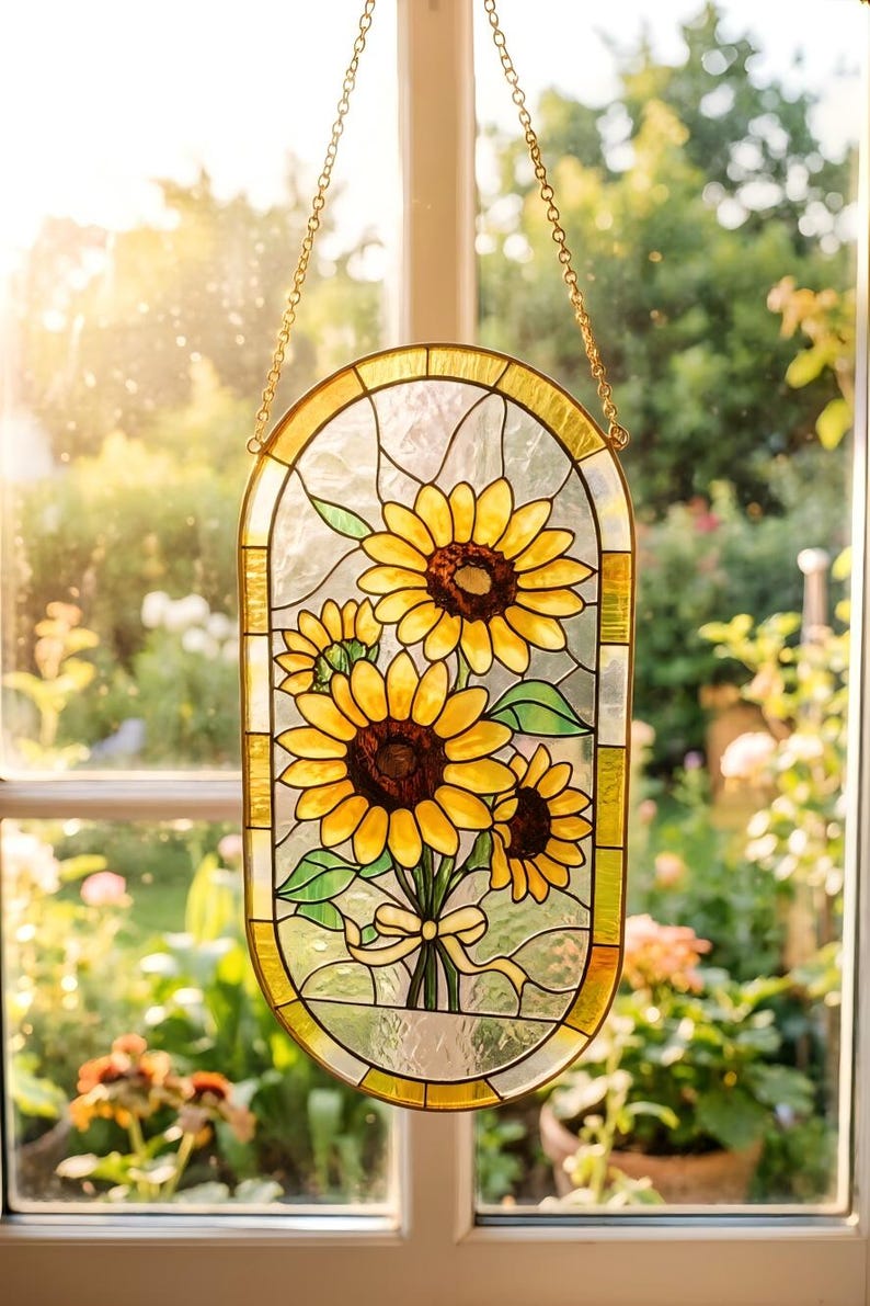 May include: An oval stained glass suncatcher featuring three yellow sunflowers with brown centers and green leaves, tied with a yellow ribbon. The piece is framed in a gold-toned metal border and hangs from a gold-toned metal chain.