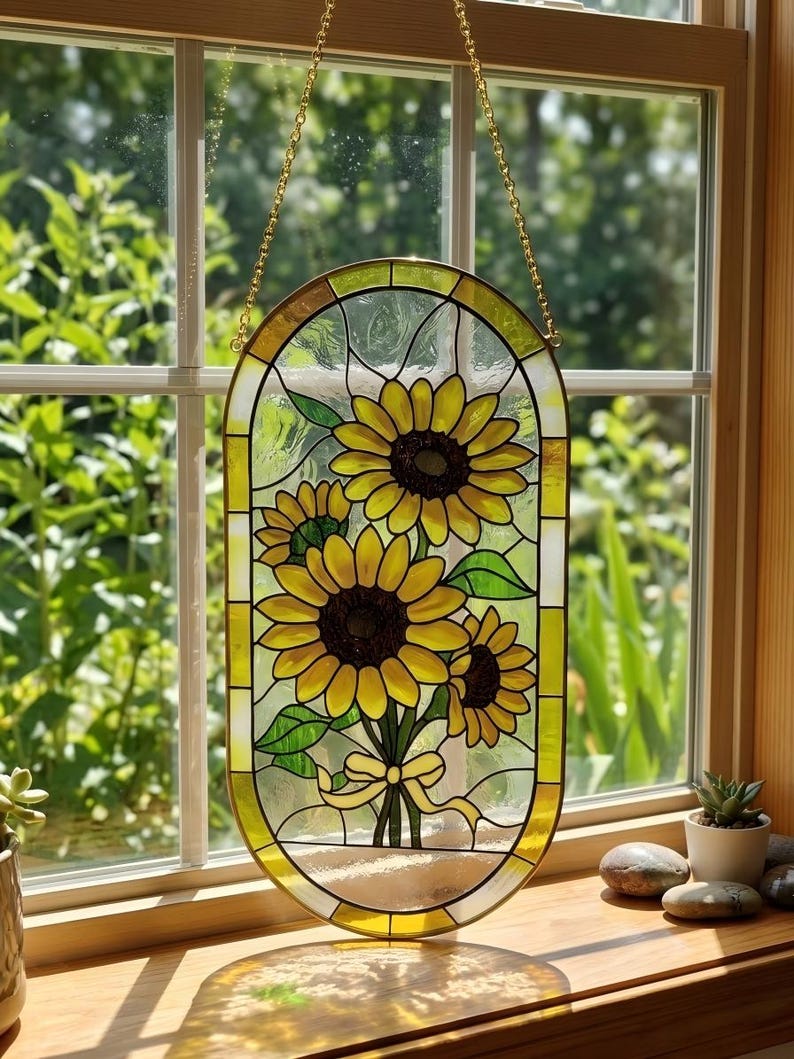 May include: An oval stained glass suncatcher featuring three yellow sunflowers with dark brown centers, green leaves, and a yellow ribbon tied at the stems. The piece is framed in a yellow border and hangs from a gold-colored metal chain.