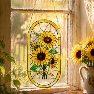 May include: An oval stained glass suncatcher featuring three yellow sunflowers with dark brown centers and green leaves, tied with a yellow ribbon at the base. The piece is framed in a yellow border and hangs from a gold-colored metal chain.