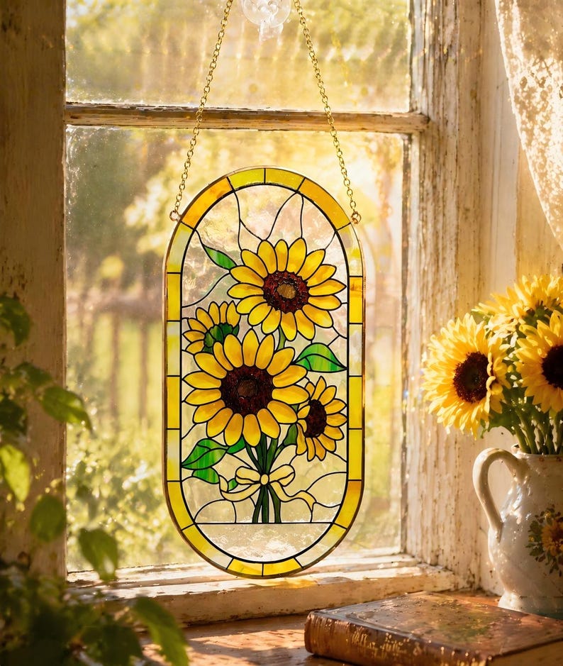 May include: An oval stained glass suncatcher featuring three yellow sunflowers with dark brown centers and green leaves, tied with a yellow ribbon at the base. The piece is framed in a yellow border and hangs from a gold-colored metal chain.