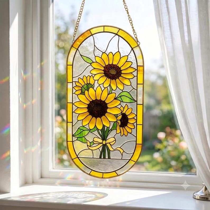 May include: An oval stained glass suncatcher featuring three yellow sunflowers with brown centers and green leaves, tied with a yellow ribbon. The piece is framed in a yellow border and hangs from a gold-colored metal chain against a window.