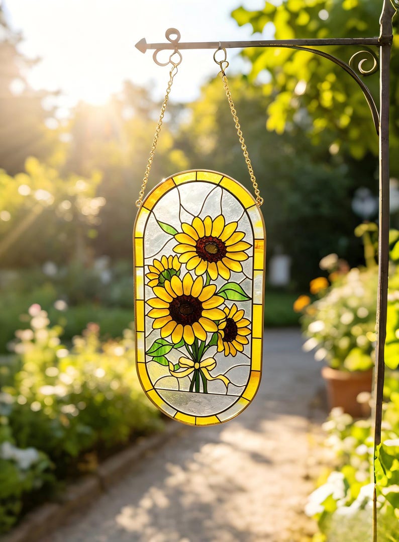 May include: An oval stained glass suncatcher featuring three yellow sunflowers with dark brown centers and green leaves, tied with a yellow ribbon. The piece is framed in a gold-toned metal border and hangs from a gold chain on a metal hook.