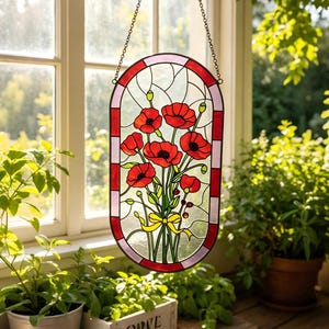 May include: An oval stained glass suncatcher featuring a bouquet of red poppy flowers with green stems and a yellow ribbon tied at the base. The piece is framed by a red and light pink border and hangs from a metal chain against a window.