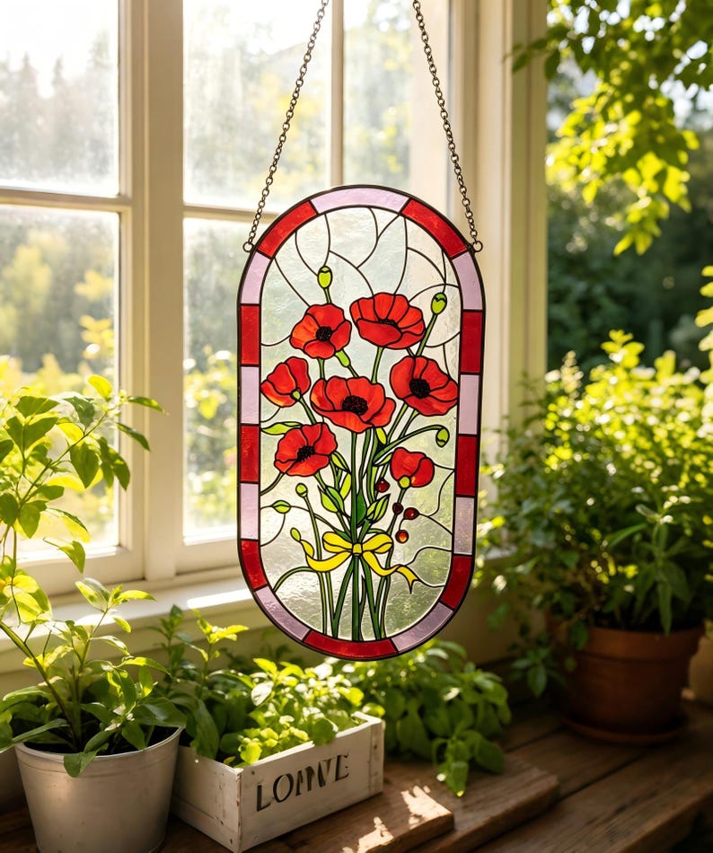 May include: An oval stained glass suncatcher featuring a bouquet of red poppy flowers with green stems and a yellow ribbon tied at the base. The piece is framed by a red and light pink border and hangs from a metal chain against a window.