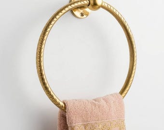 Solid Brass Laurel Leaf Towel Ring – Antique Gold Hand Towel Holder for Bathroom & Kitchen – Vintage French Country Decor, Wall Mount Ring