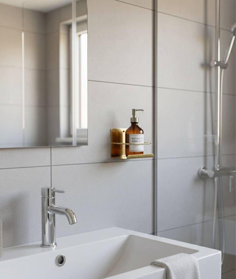 K&ouml;nnte beinhalten: Badezimmer mit wei&szlig;em Waschbecken und verchromtem Wasserhahn. Eine braune Glasflasche mit Handseife steht auf einem goldfarbenen Wandregal. Die W&auml;nde sind hellgrau gefliest. Spiegel und Dusche sind ebenfalls zu sehen.
