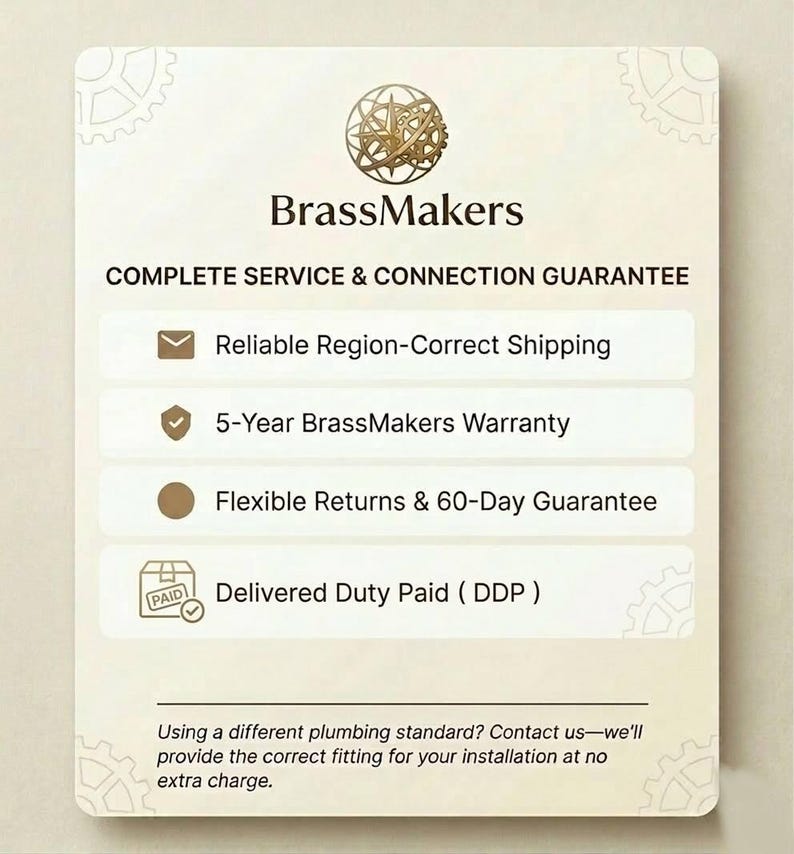 May include: A cream-colored card with the BrassMakers logo and text. The card highlights a complete service and connection guarantee, including reliable shipping, a 5-year warranty, flexible returns, and delivered duty paid.
