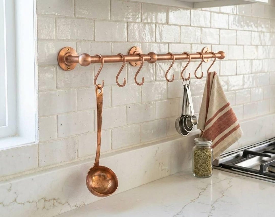 Solid Copper Pot Rack Unlacquered Copper Pot Rack: Rustic Wall Mount Kitchen Organizer With S ...