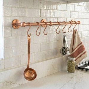 Unlacquered Copper Pot Rack: Rustic Wall Mount Kitchen Organizer with S Hooks