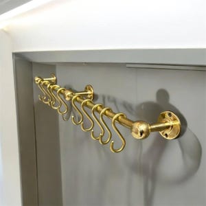 Unlacquered Brass Pot Rack Wall Mount For Kitchen with &quot;S&quot; Hooks - Brass Pot Rack Rustic Wall Mounted -Pan Rack Hook- Brass Hanging Rack
