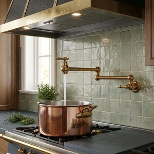May include: A polished brass wall-mounted pot filler faucet with an articulated swing arm, dispensing water into a large copper stockpot sitting on a gas stove. The faucet features a classic lever handle and is installed against light green tiles.