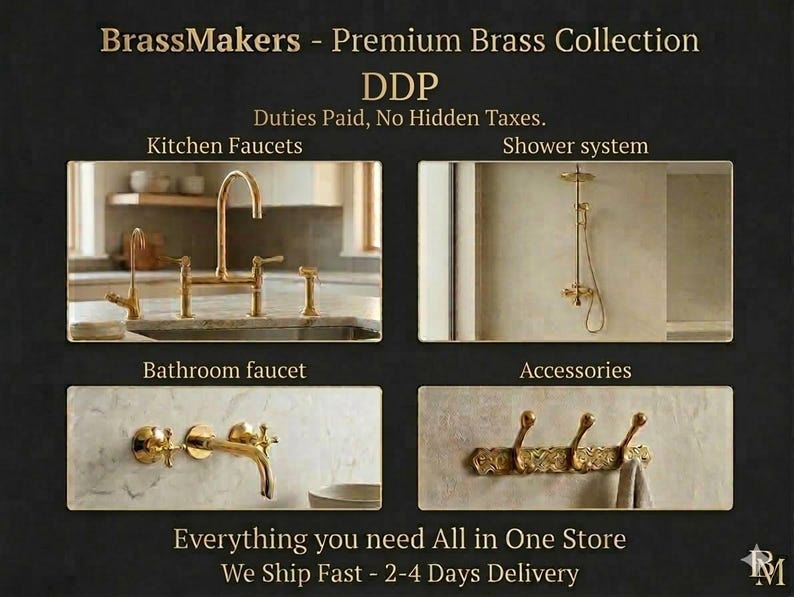 May include: An advertisement for BrassMakers' premium brass collection. The image showcases kitchen faucets, a shower system, a bathroom faucet, and accessories. The text reads "Everything you need All in One Store."