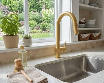 Nielakierowana bateria kuchenna z litego mosiądzu – bateria z wyciąganą wylewką – mosiężny kran zlewozmywakowy w stylu vintage – bateria kuchenna z jednym otworem – ręcznie robiony kran mosiężny