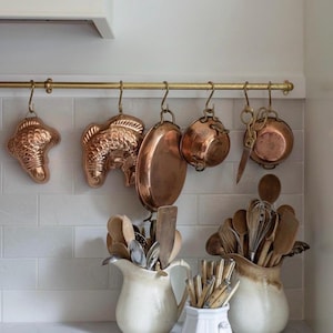 Unlacquered Brass Pot Rail with S Hooks - Antique Kitchen Organizer, Brass Wall Mount Hooks, Brass Pan Rac