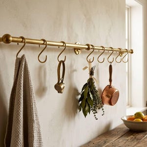 Unlacquered Brass Pot Rack: Rustic Wall Mount with S Hooks