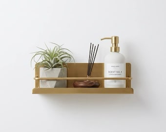 Unlacquered Brass Wall Shelf Bathroom Organizer | Gold Floating Shelf with Rail | Modern Bathroom Storage | Vanity Decor Shelf