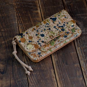 Handmade Veg Tan Leather Medium Trucker Wallet - Black Green Cognac Bifold Colorful Painted by Hand