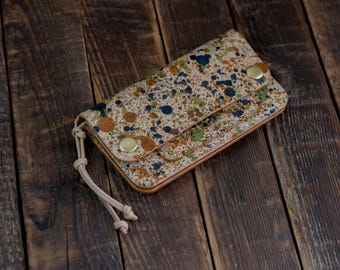 Handmade Veg Tan Leather Medium Trucker Wallet - Black Green Cognac Bifold Colorful Painted by Hand