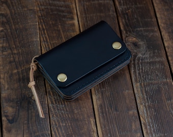 Handmade Veg Tan Leather Mini Trucker Wallet - Black Bifold