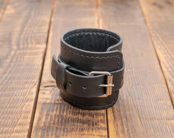Handmade Wide Black Leather Cuff Bracelet, Adjustable Buckle